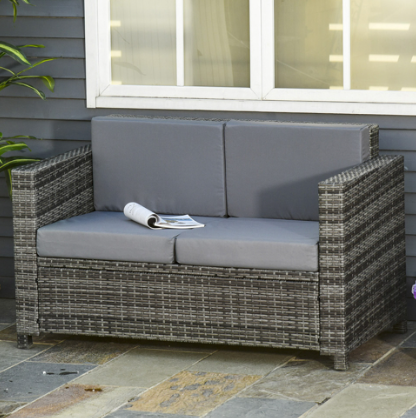 Outsunny 2 Seater Grey Rattan Padded Garden Loveseat